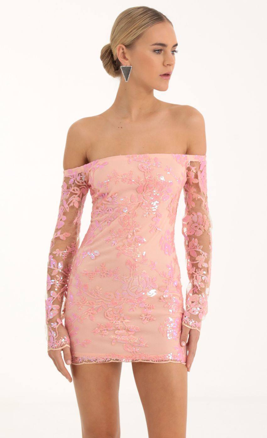 Picture Gertrude Iridescent Sequin Floral Strapless Dress in Peach. Source: https://media-img.lucyinthesky.com/data/Oct22/850xAUTO/cda9c3e4-5c0d-4732-9f1c-272f1c06a8c4.jpg
