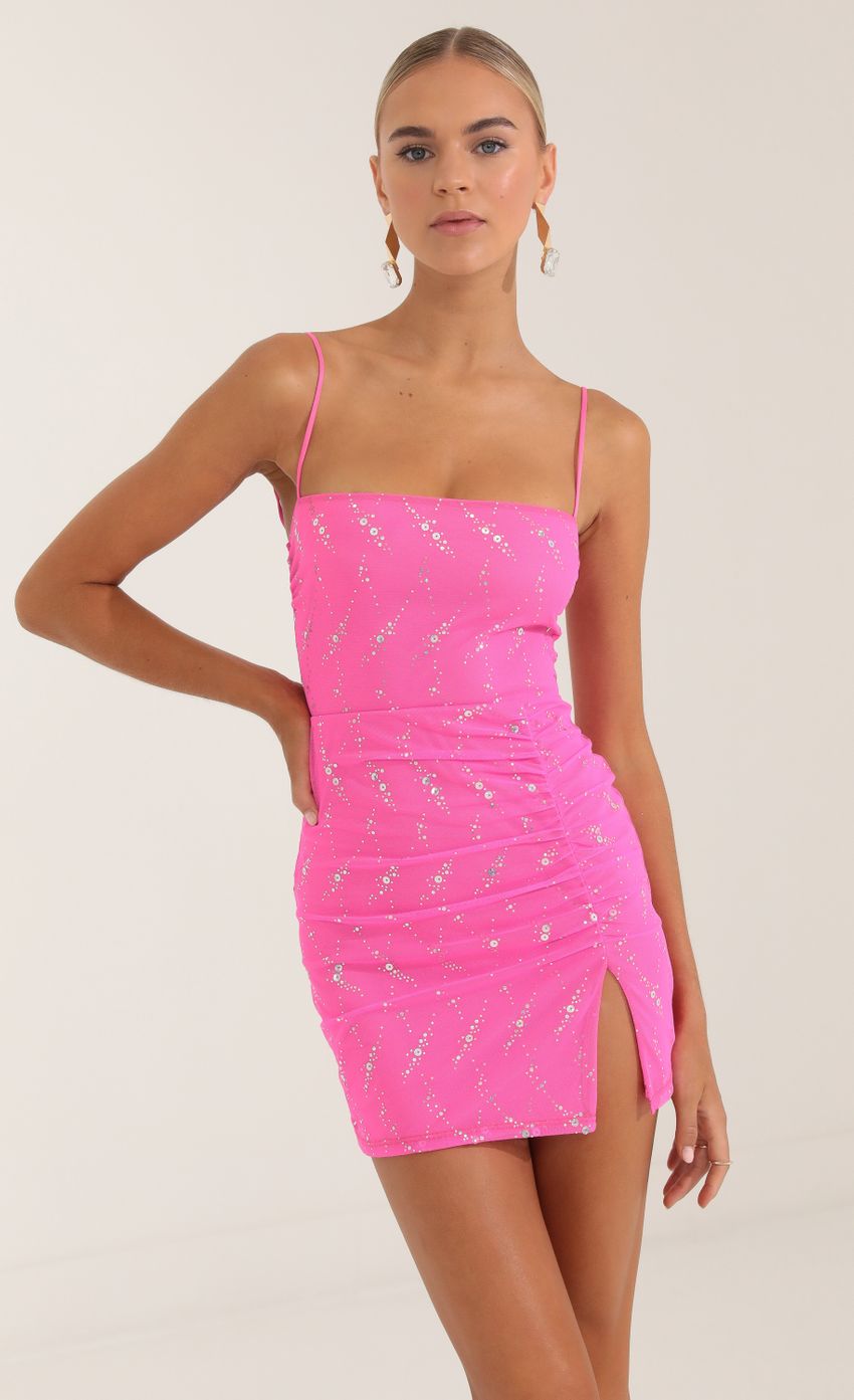 Picture Risa Sequin Mesh Bodycon Dress in Pink. Source: https://media-img.lucyinthesky.com/data/Oct22/850xAUTO/d0badae9-17ab-4d34-841d-5dac752795ad.jpg