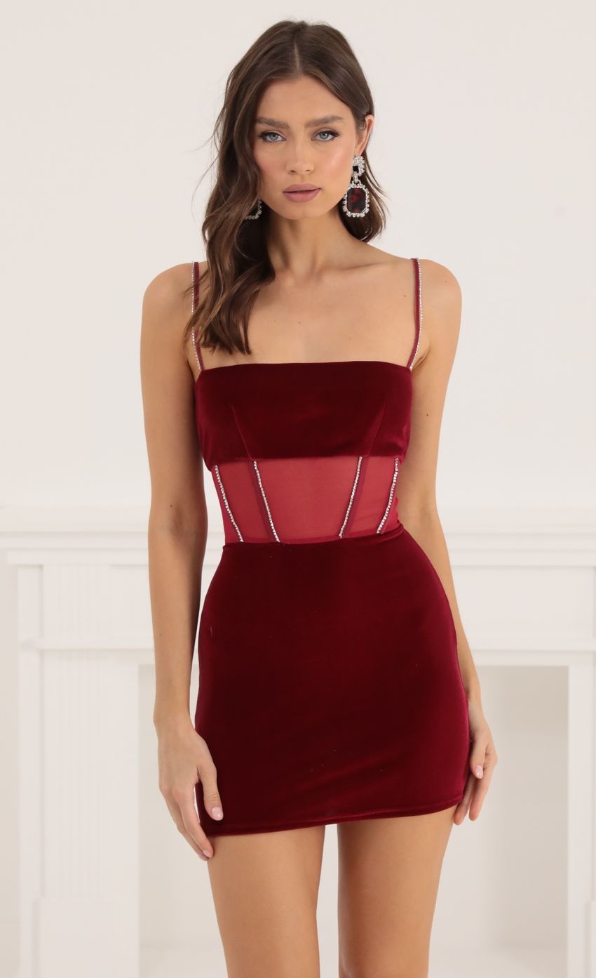 Picture Velvet Rhinestone Corset Dress in Red. Source: https://media-img.lucyinthesky.com/data/Oct22/850xAUTO/d32466a6-e349-45cc-bd2b-84c2c70da6f3.jpg