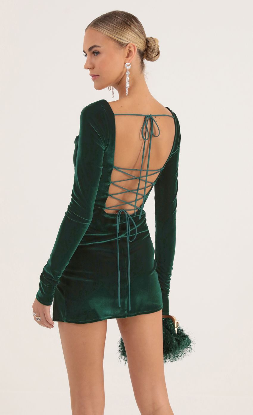 Picture Velvet Long Sleeve Corset Dress in Green. Source: https://media-img.lucyinthesky.com/data/Oct22/850xAUTO/d830ef79-4d24-4e18-a975-4798a87bc815.jpg