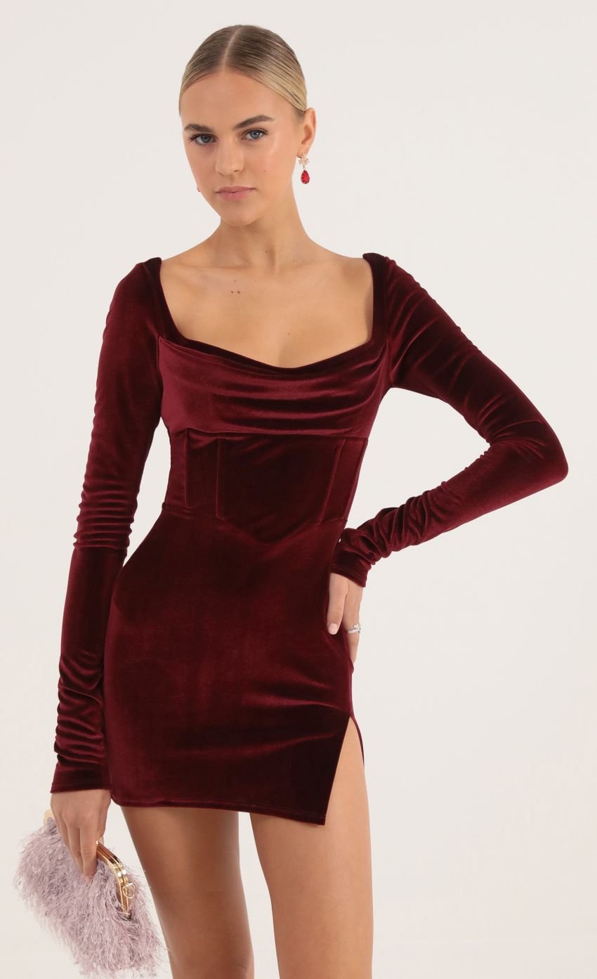 Picture Velvet Long Sleeve Corset Dress in Red. Source: https://media-img.lucyinthesky.com/data/Oct22/850xAUTO/e22c48d2-12bd-47d7-90b4-e2e8e7ee9a17.jpg