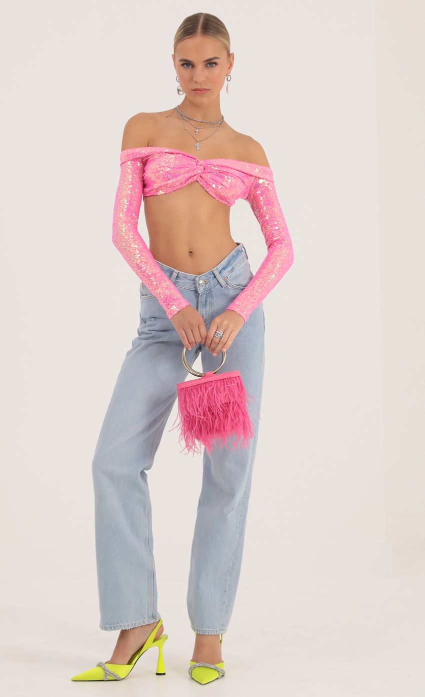 Picture Iridescent Sequin Off The Shoulder Top in Pink. Source: https://media-img.lucyinthesky.com/data/Oct22/850xAUTO/e8b40465-95b0-4c36-ba37-4ccb76a1773b.jpg