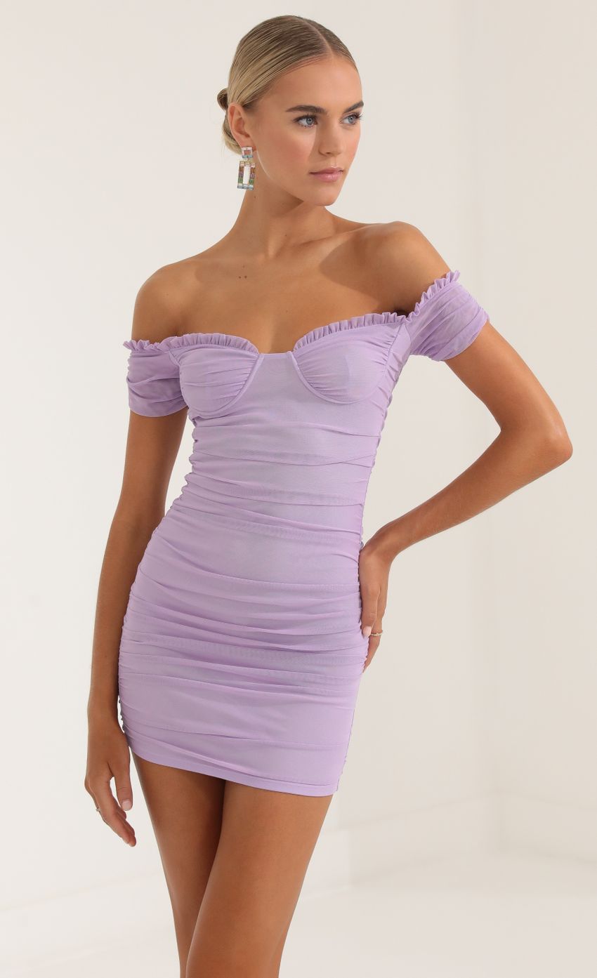 Picture Mesh Off The Shoulder Dress in Purple. Source: https://media-img.lucyinthesky.com/data/Oct22/850xAUTO/e8f07d46-c6a9-4d73-b0be-2f1bffd503a7.jpg