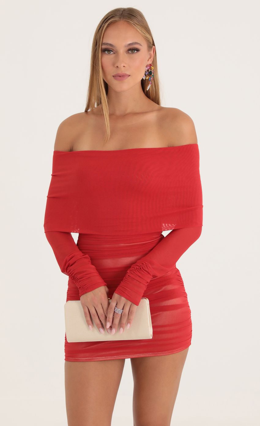 Picture Mesh Off The Shoulder Long Sleeve Dress in Red. Source: https://media-img.lucyinthesky.com/data/Oct22/850xAUTO/ee0941d8-5e21-4cbf-b488-366a6cac2203.jpg