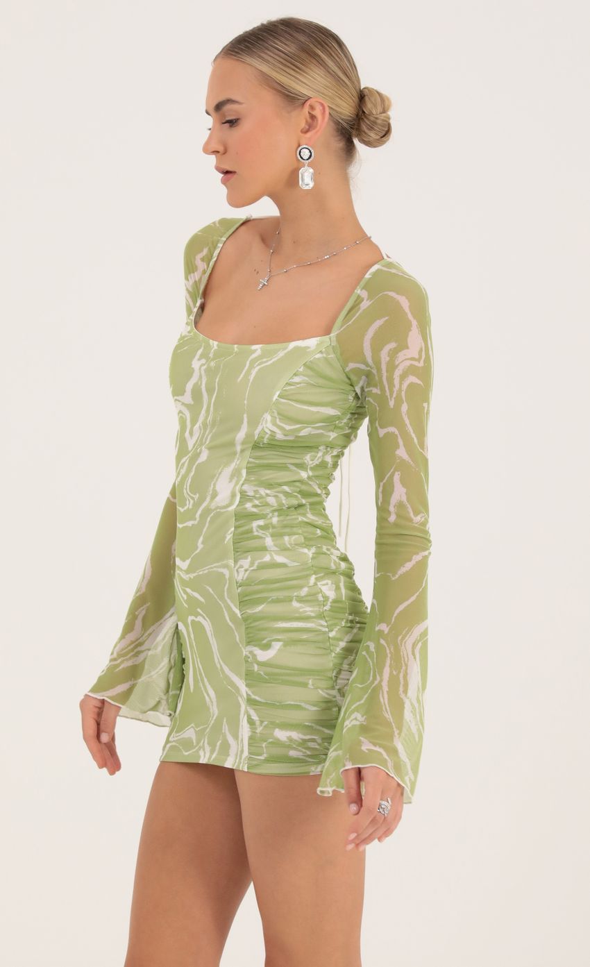 Picture Sarai Marble Mesh Ruched Bodycon Dress in Green. Source: https://media-img.lucyinthesky.com/data/Oct22/850xAUTO/fb6be42b-48c2-4ea0-9591-130837d7ec79.jpg