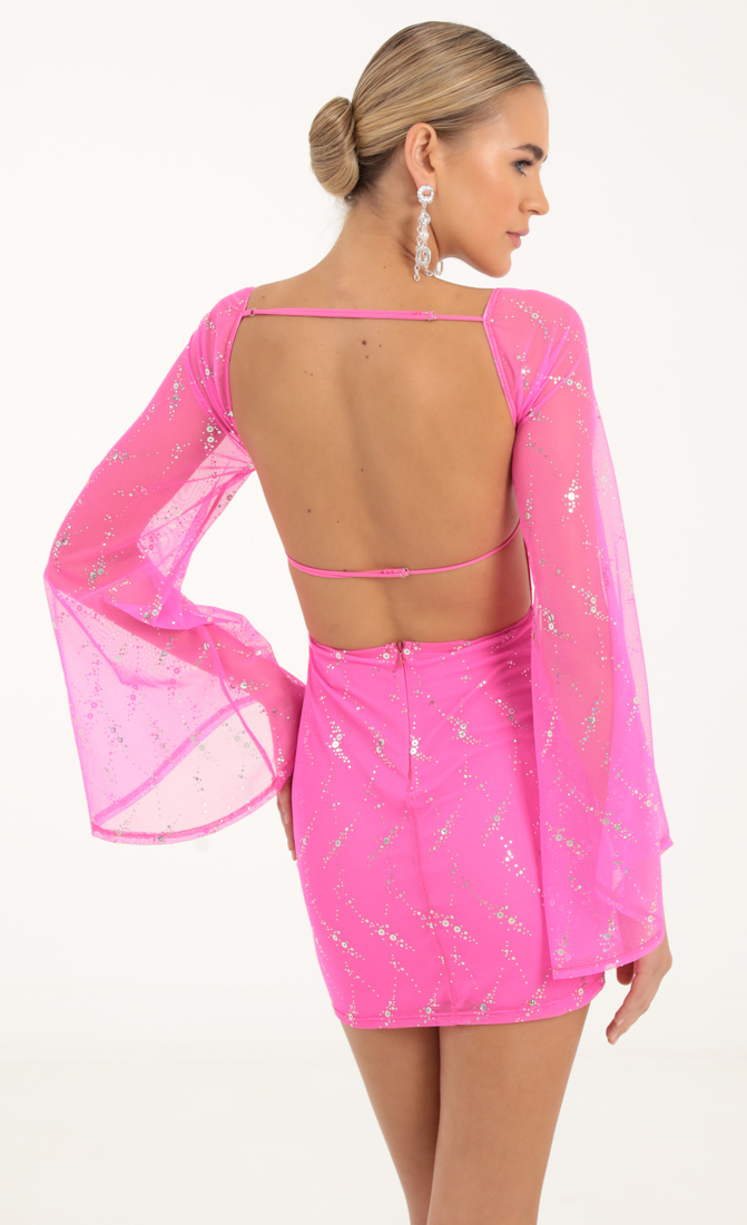 Mesh Sequin Flare Sleeve Dress in Hot Pink