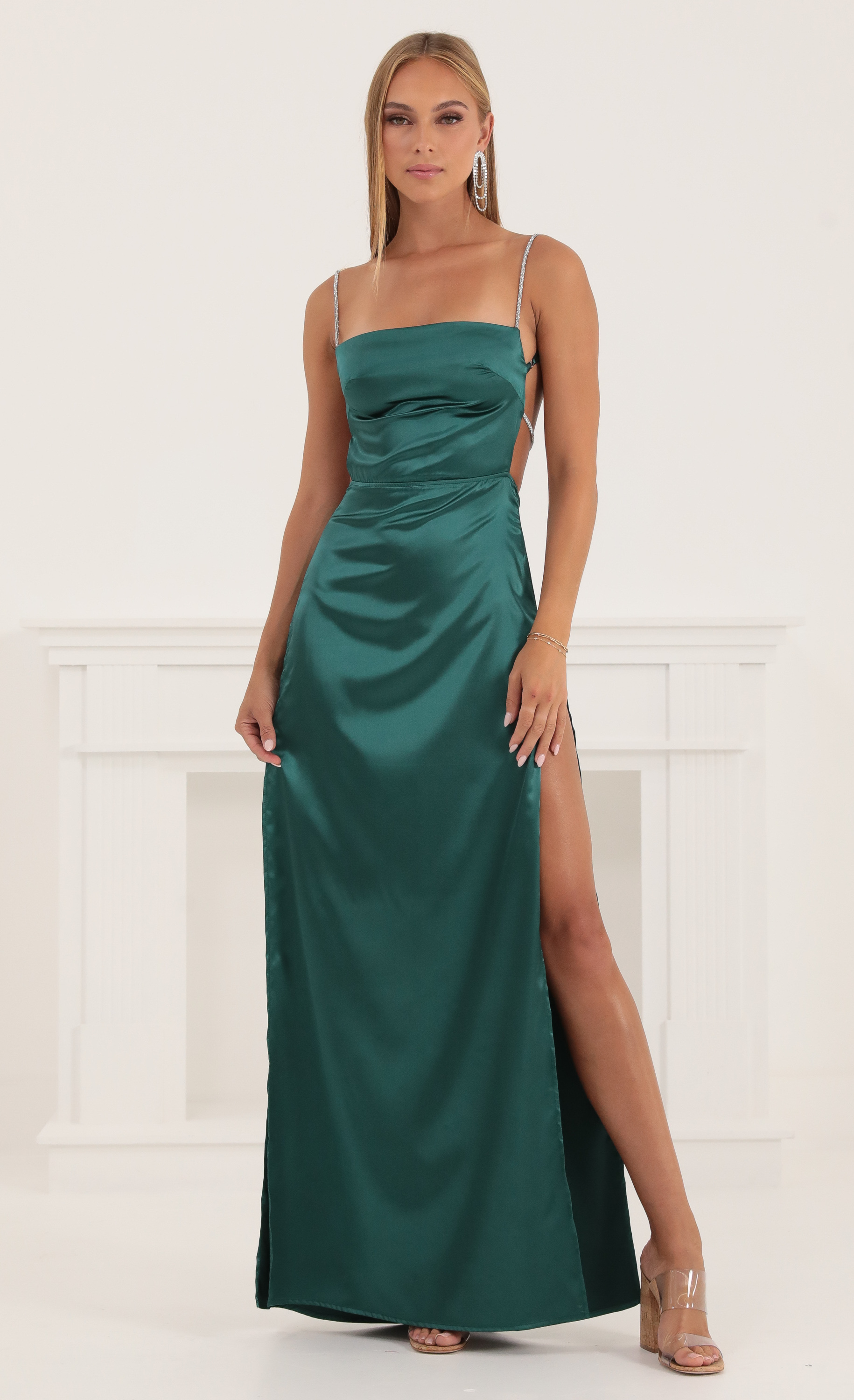 Chicago Ruched Side Slit Maxi Dress in Green