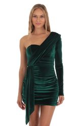 Picture One Shoulder Tassel Velvet Mini Dress in Green. Source: https://media-img.lucyinthesky.com/data/Oct23/150xAUTO/0481cdc3-fd9a-449c-b29c-69a722fa23ad.jpg