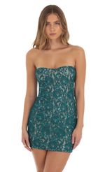 Picture Sequin Lace Strapless Dress in Teal. Source: https://media-img.lucyinthesky.com/data/Oct23/150xAUTO/4d70a5c0-0e13-421c-8efd-55ac5cbe3d56.jpg