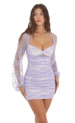 Picture Lace Ruched Long Sleeve Dress in White. Source: https://media-img.lucyinthesky.com/data/Oct23/150xAUTO/69400260-fdd8-4ffa-bbb8-e77114c432cd.jpg