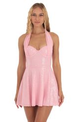 Picture Sequin Halter Fit and Flare Dress in Pink. Source: https://media-img.lucyinthesky.com/data/Oct23/150xAUTO/f5054bce-ae62-4e4d-a58d-c8c780da21b9.jpg