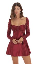 Picture Shimmer Lace Satin Dress in Burgundy. Source: https://media-img.lucyinthesky.com/data/Oct23/150xAUTO/fadf9606-73ae-4b89-8caf-c722282343b3.jpg