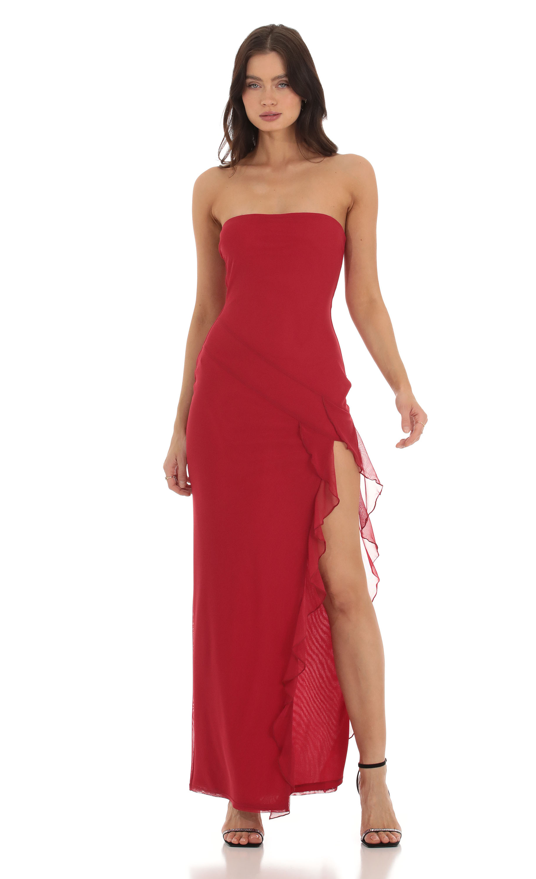 Akiko Mesh Ruffle Slit Dress in Red