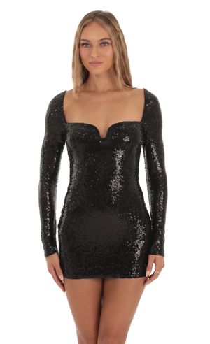 Shimmer Long Sleeve Corset Dress in Black