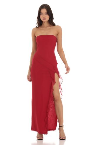 Midnight Doll Spaghetti Strap Lace-Up-Back High-Slit-Asymmetrical-Ruffle-Hem  Long Satin Dress