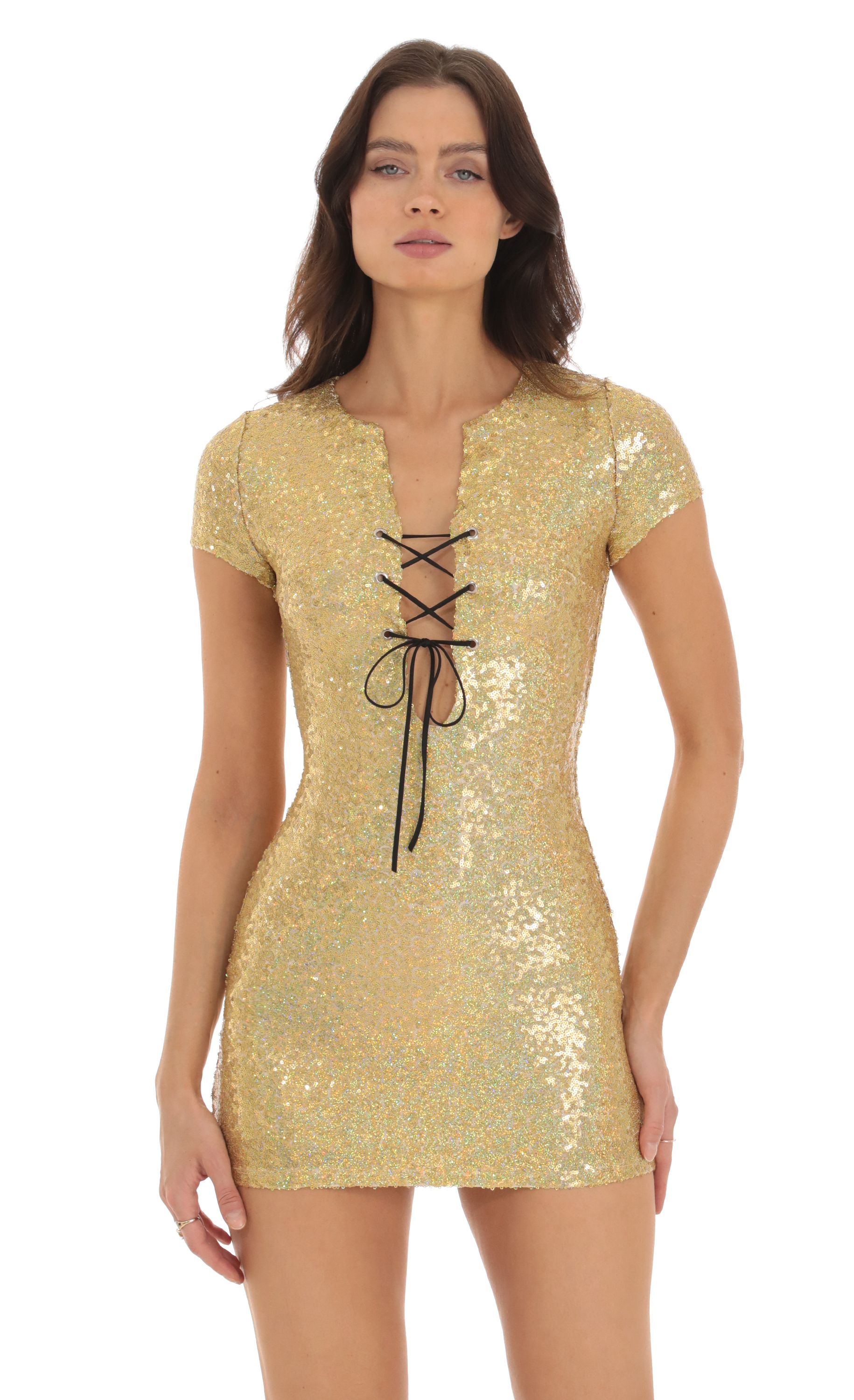 Sequin Plunge Neck Bodycon Dress in Gold