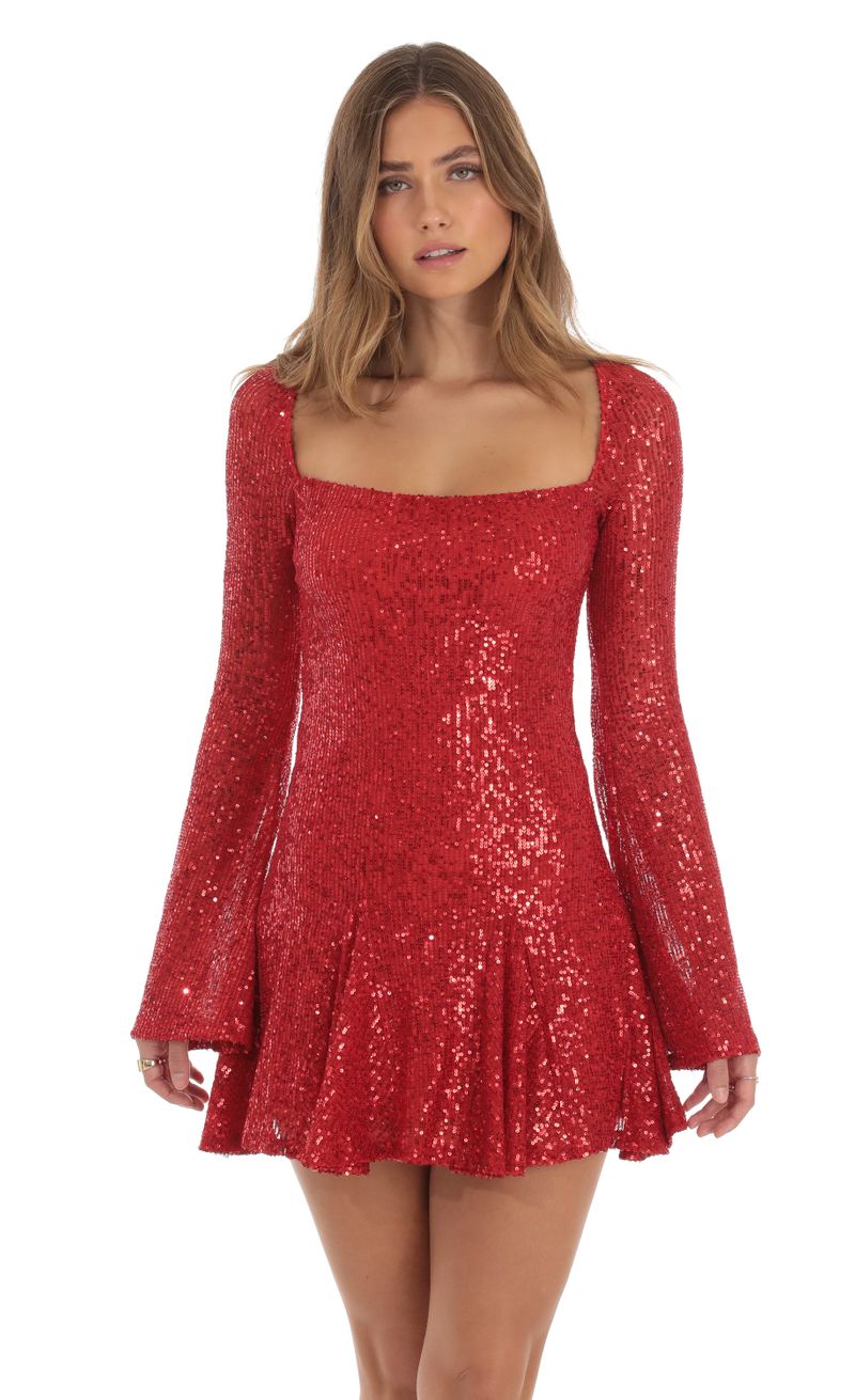 Lennox Sequin Flare Sleeve Dress in Red