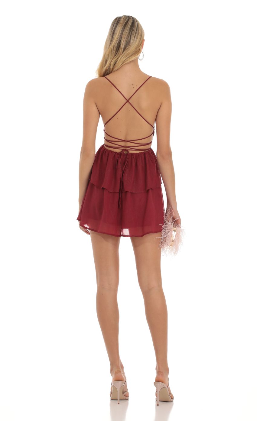 Picture Shimmer Lace Up Dress in Red. Source: https://media-img.lucyinthesky.com/data/Oct23/850xAUTO/1e8ca82b-0eb5-494b-a9e5-d19e1c288b5f.jpg