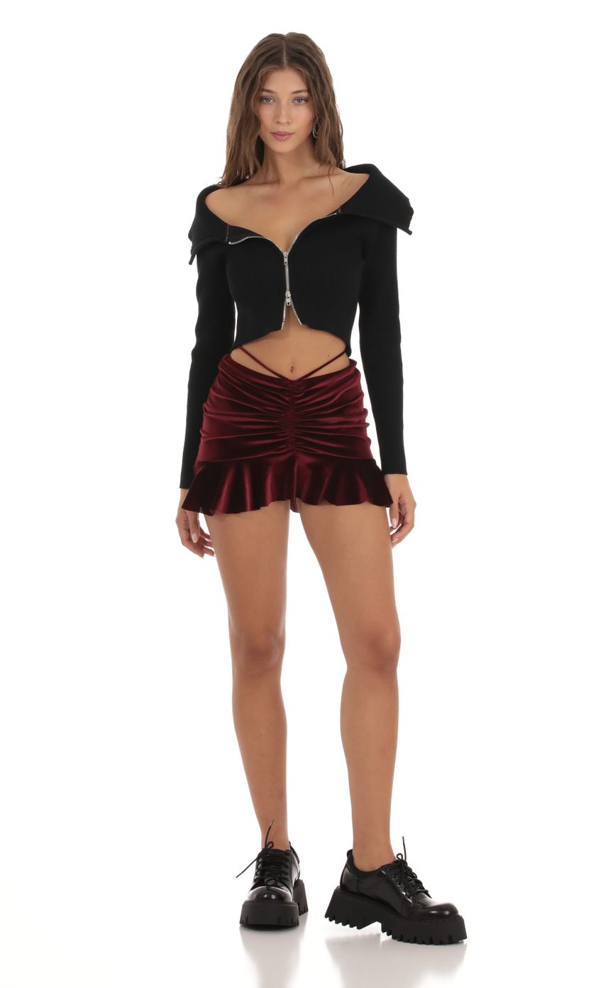 Picture Velvet Ruched Skirt in Burgundy. Source: https://media-img.lucyinthesky.com/data/Oct23/850xAUTO/22d3976f-ec5b-4a62-9aa0-b0cefb03bc9a.jpg
