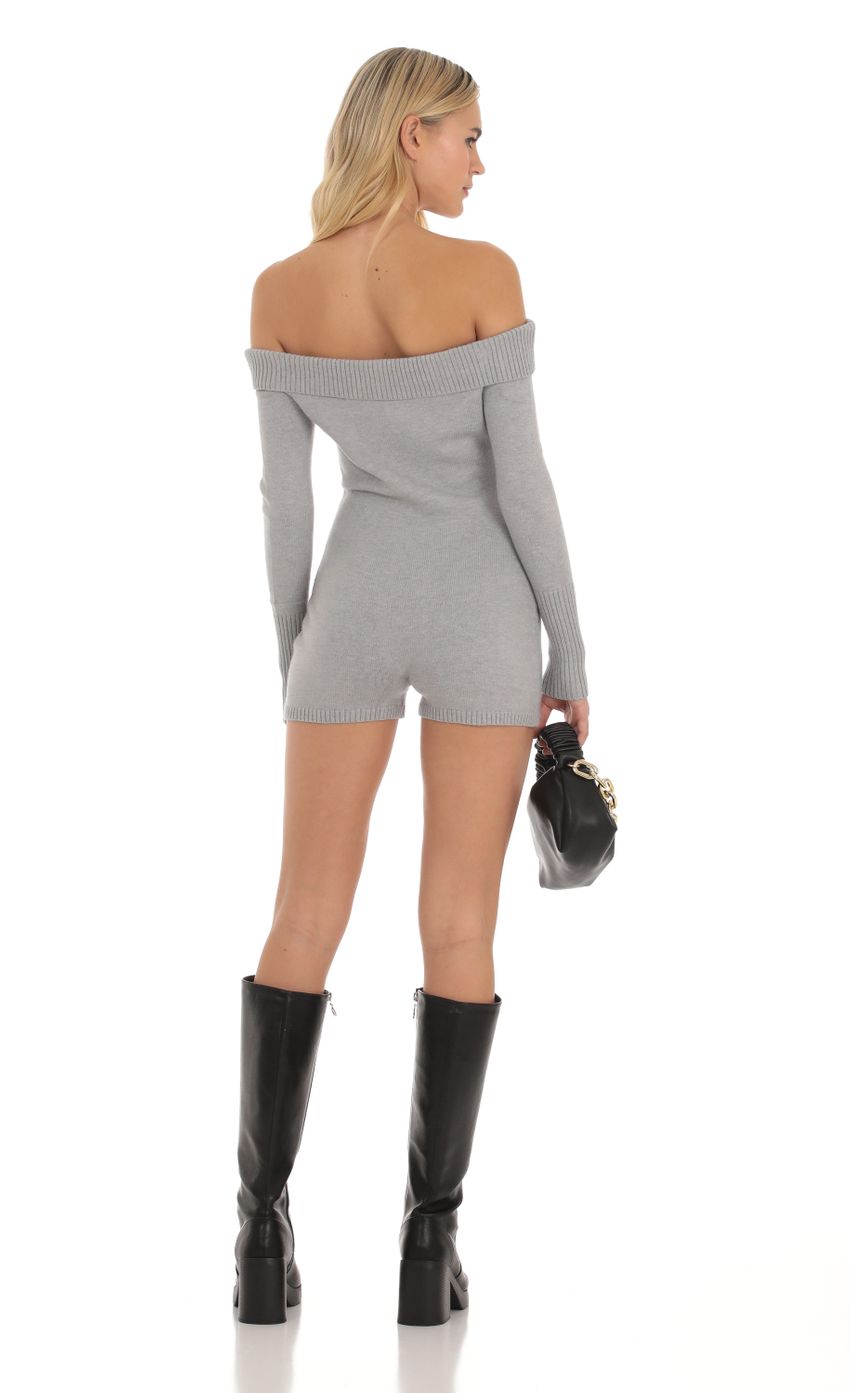Picture Knit Off Shoulder Romper in Grey. Source: https://media-img.lucyinthesky.com/data/Oct23/850xAUTO/254769c4-b90b-4ba7-9a9a-a99e8cc99110.jpg