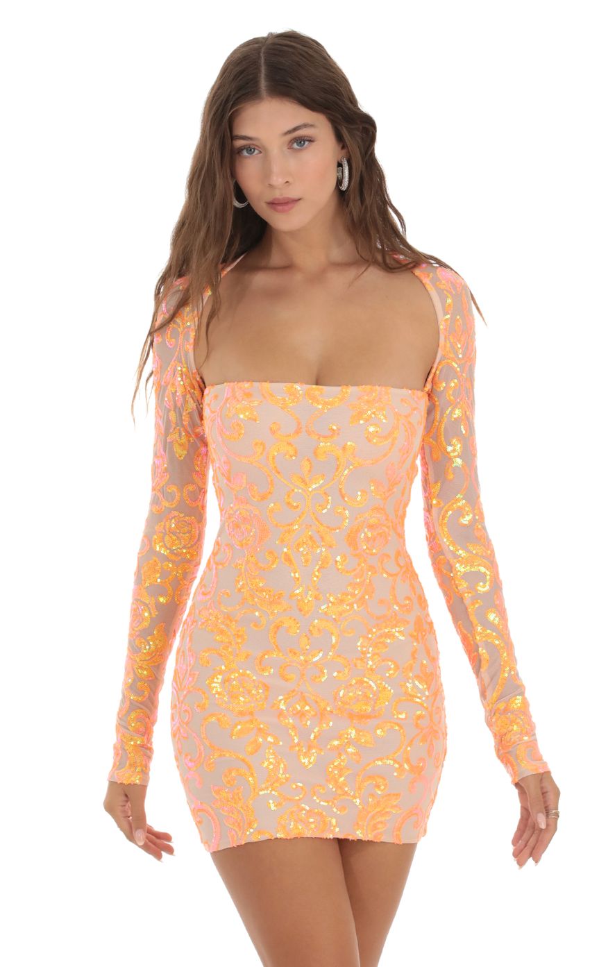 Picture Sequin Mesh Bodycon Dress in Orange. Source: https://media-img.lucyinthesky.com/data/Oct23/850xAUTO/2af65078-8c5a-4780-ac7d-8822649d36f3.jpg
