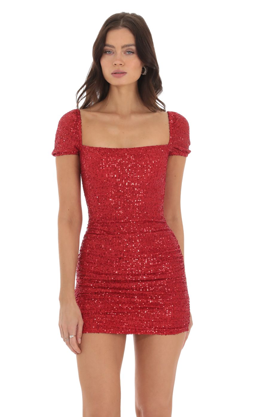 Picture Emaline Sequin Ruched Bodycon Dress in Red. Source: https://media-img.lucyinthesky.com/data/Oct23/850xAUTO/321e6ef5-51d2-44f4-ae8f-fdd54e02b815.jpg