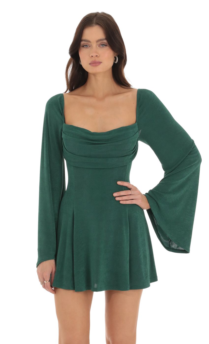 Picture Slinky Flare Sleeve Dress in Green. Source: https://media-img.lucyinthesky.com/data/Oct23/850xAUTO/3c504b47-9181-4567-acc8-a5e9e22a73a5.jpg