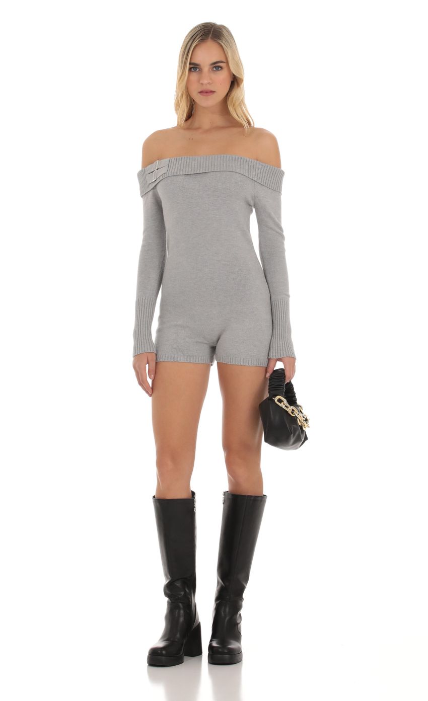 Picture Knit Off Shoulder Romper in Grey. Source: https://media-img.lucyinthesky.com/data/Oct23/850xAUTO/3e56c1af-0069-4a40-9d48-2857abefbf9b.jpg