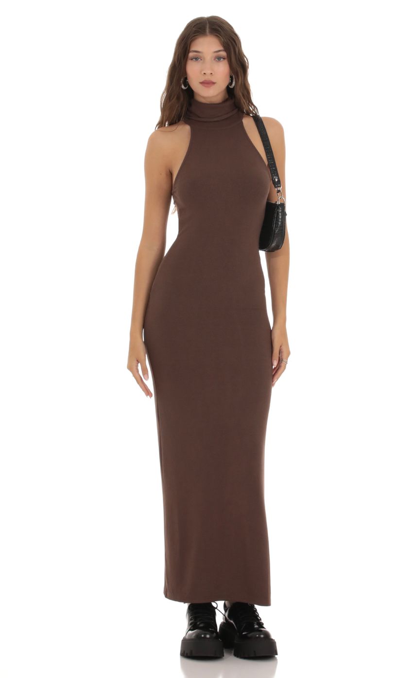 Picture Ribbed Turtleneck Dress in Brown. Source: https://media-img.lucyinthesky.com/data/Oct23/850xAUTO/47eda78f-3431-4205-9339-e23e32e33cfa.jpg