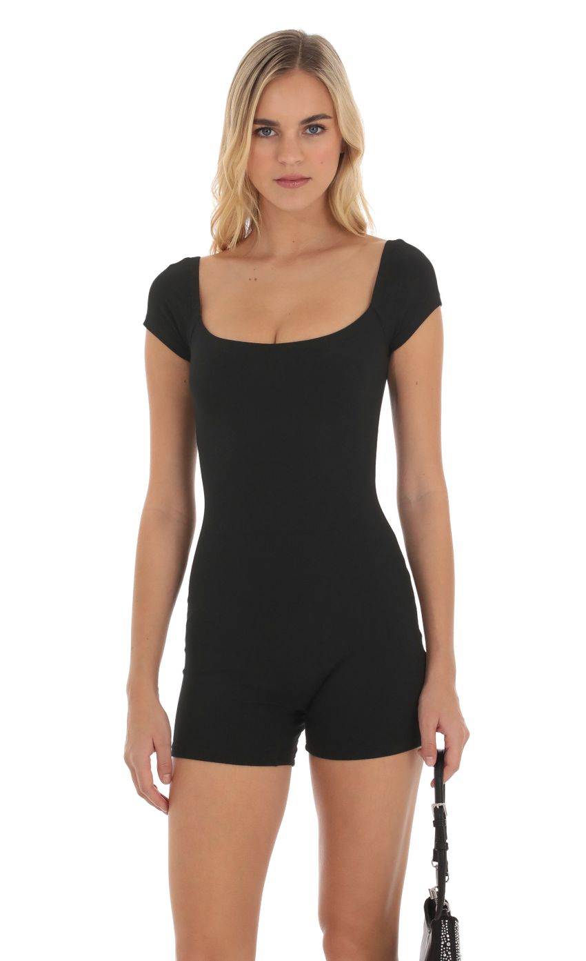 Picture Ribbed Bodycon Romper in Black. Source: https://media-img.lucyinthesky.com/data/Oct23/850xAUTO/4ce25c9d-1bea-4e87-8825-a7917ea70f6e.jpg