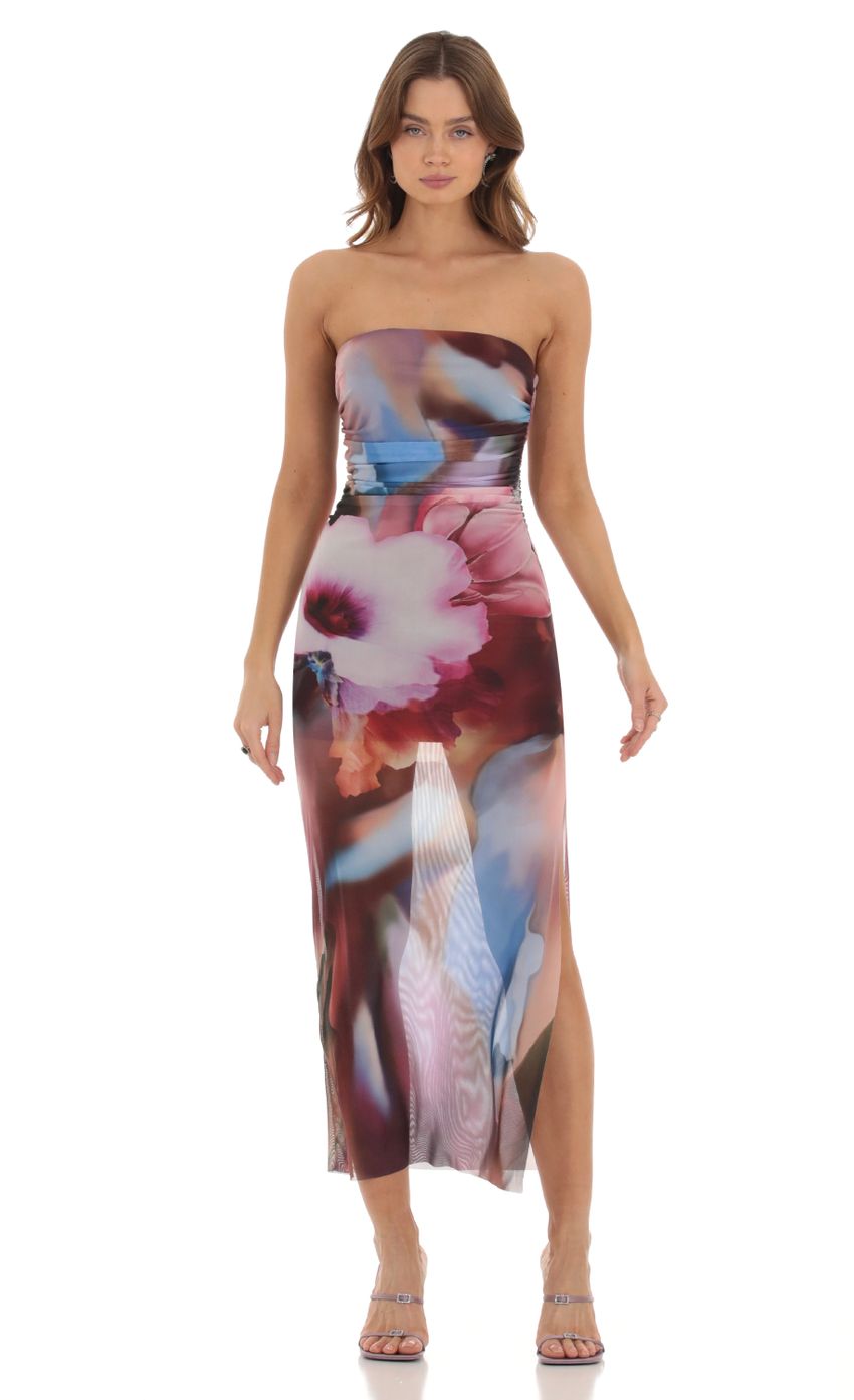 Product image for Ruched Mesh Maxi Dress in Floral Print