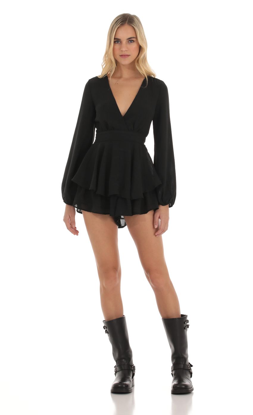 Picture Long Sleeve Wrap Romper in Black. Source: https://media-img.lucyinthesky.com/data/Oct23/850xAUTO/75c6be35-3a4b-4893-92c0-1ed1d93efa0b.jpg