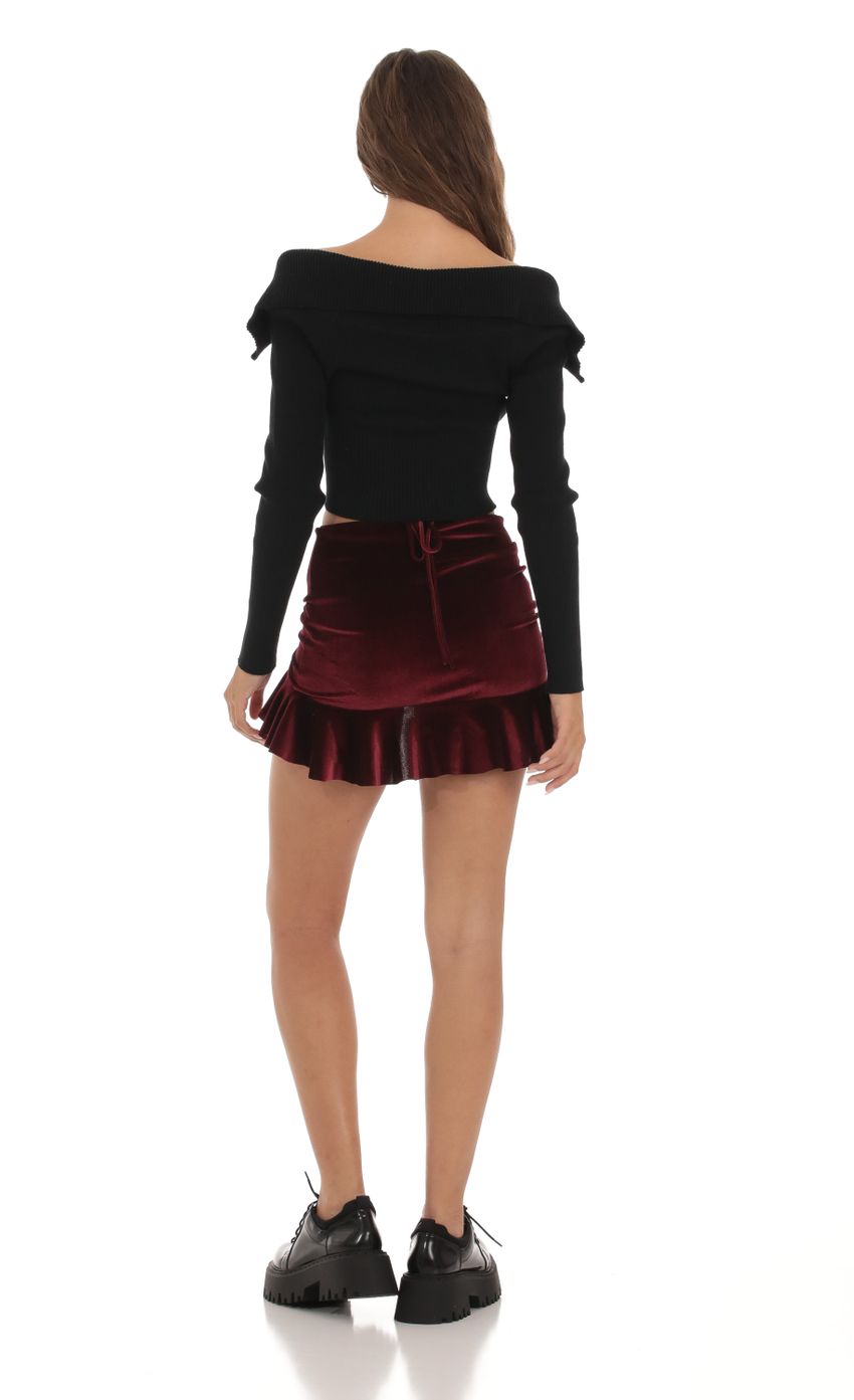 Picture Velvet Ruched Skirt in Burgundy. Source: https://media-img.lucyinthesky.com/data/Oct23/850xAUTO/83a82bed-4bc8-4015-9391-482c1298f057.jpg