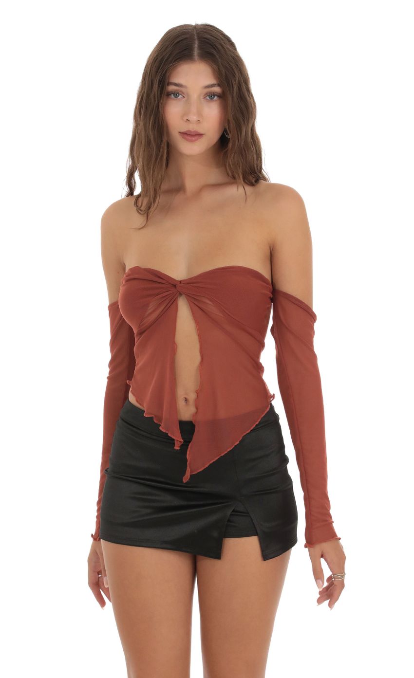 Picture Mesh Off Shoulder Top in Burnt Orange. Source: https://media-img.lucyinthesky.com/data/Oct23/850xAUTO/8b02a724-46bf-41c8-84b5-b4bc8386f6d5.jpg