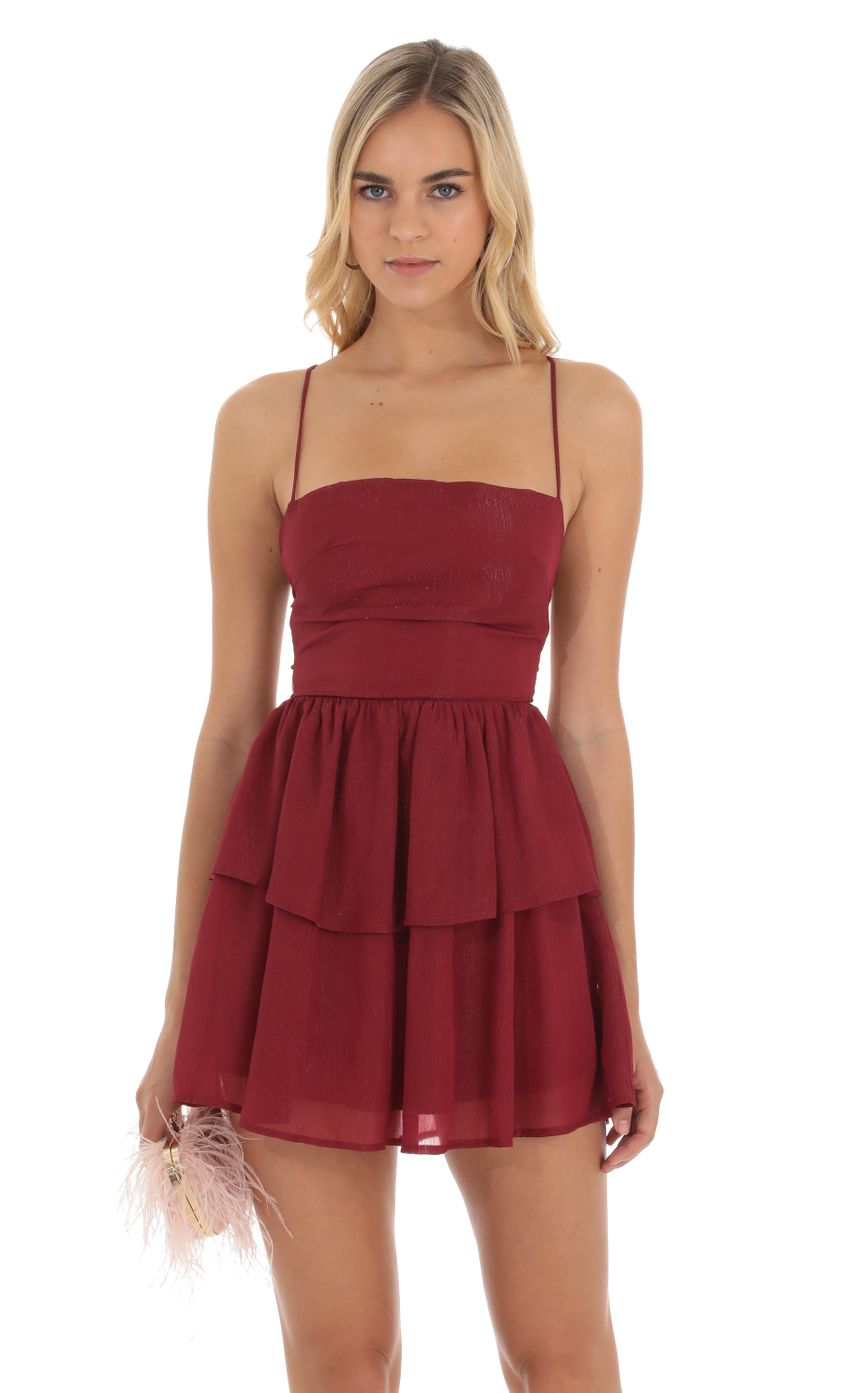 Picture Shimmer Lace Up Dress in Red. Source: https://media-img.lucyinthesky.com/data/Oct23/850xAUTO/94bb20e1-57ba-4e80-9370-e4fcb5944413.jpg