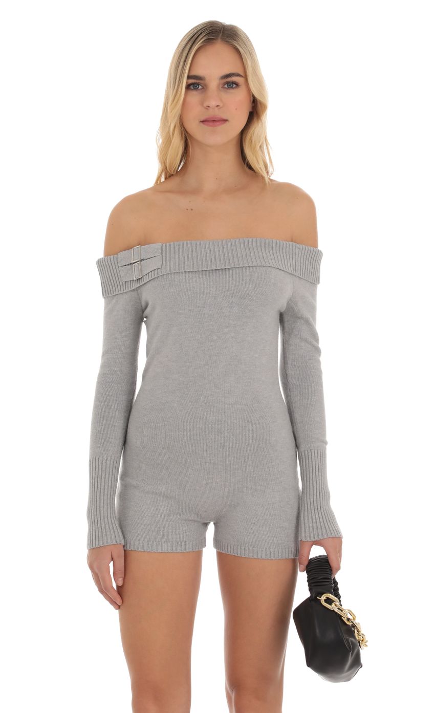 Picture Knit Off Shoulder Romper in Grey. Source: https://media-img.lucyinthesky.com/data/Oct23/850xAUTO/96499299-aeaa-4182-bcc4-81a4eedb1f9b.jpg