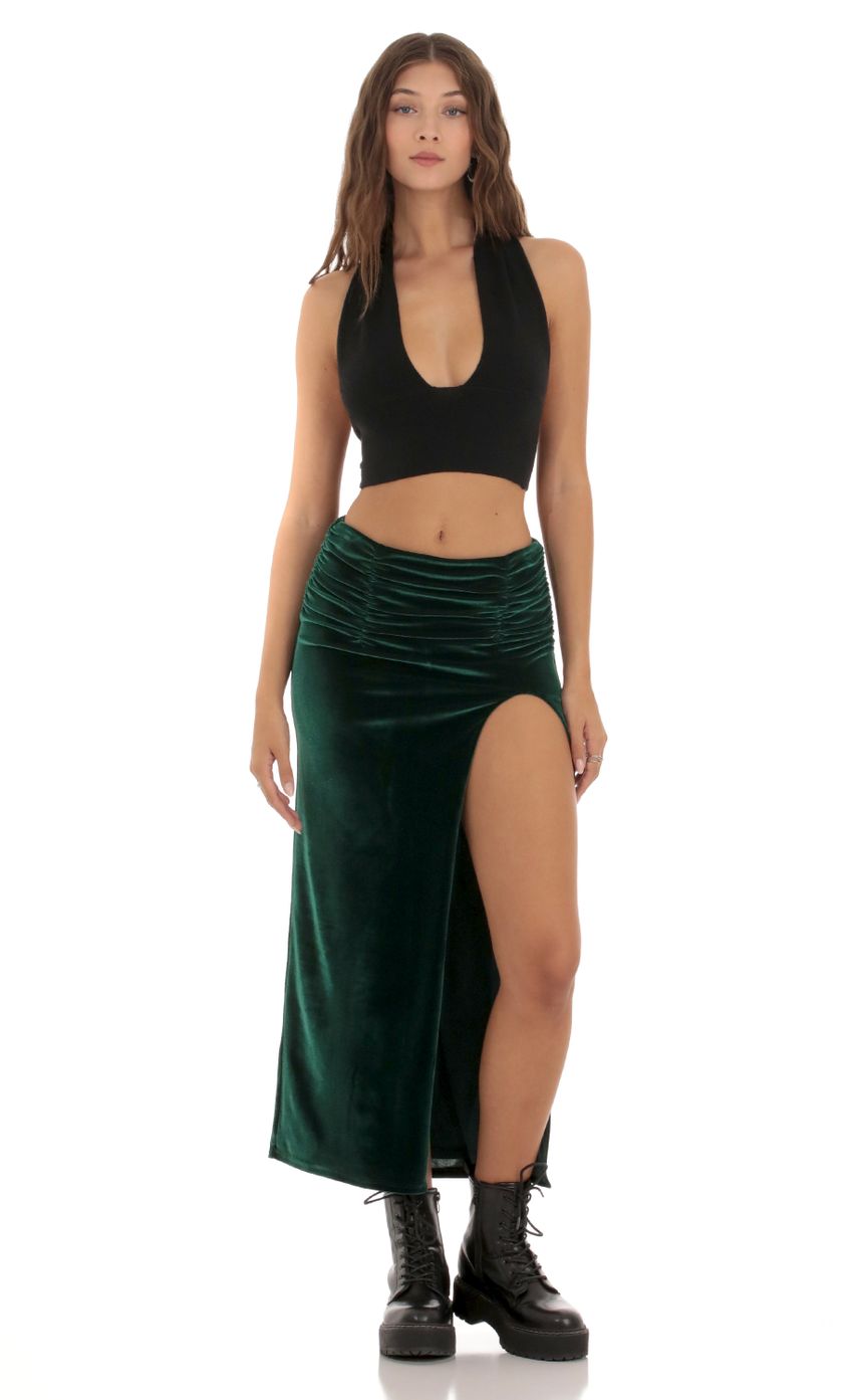 Picture Velvet Ruched Maxi Skirt in Green. Source: https://media-img.lucyinthesky.com/data/Oct23/850xAUTO/9e8bffff-4447-4e0f-9c1e-83a1c22aa1da.jpg