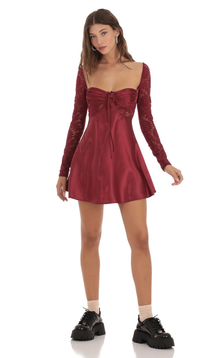 Picture Shimmer Lace Satin Dress in Burgundy. Source: https://media-img.lucyinthesky.com/data/Oct23/850xAUTO/a0ba0441-9bc6-43e5-9c3a-9a213e2eb91a.jpg