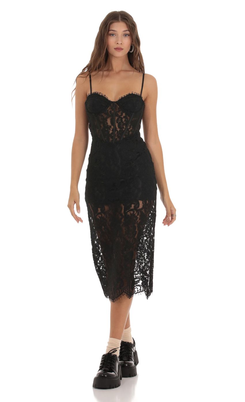 Picture Sheer Lace Midi Dress in Black. Source: https://media-img.lucyinthesky.com/data/Oct23/850xAUTO/a46571ba-ac9a-4fe9-9624-18bb3cd9f836.jpg