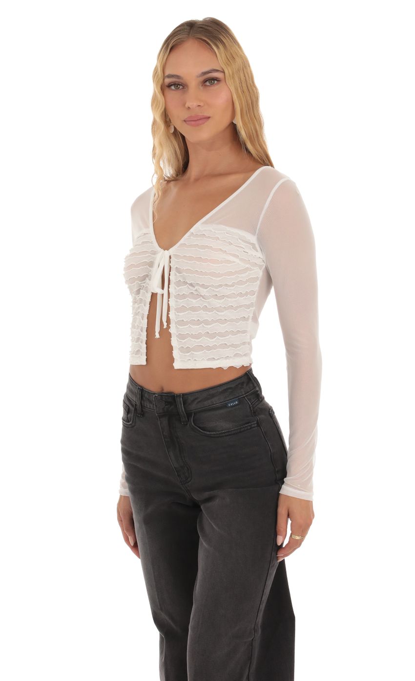 Picture Mesh Ruffle Top in White. Source: https://media-img.lucyinthesky.com/data/Oct23/850xAUTO/a8f21a1f-20a2-4210-aaa7-e6011ca20e7c.jpg