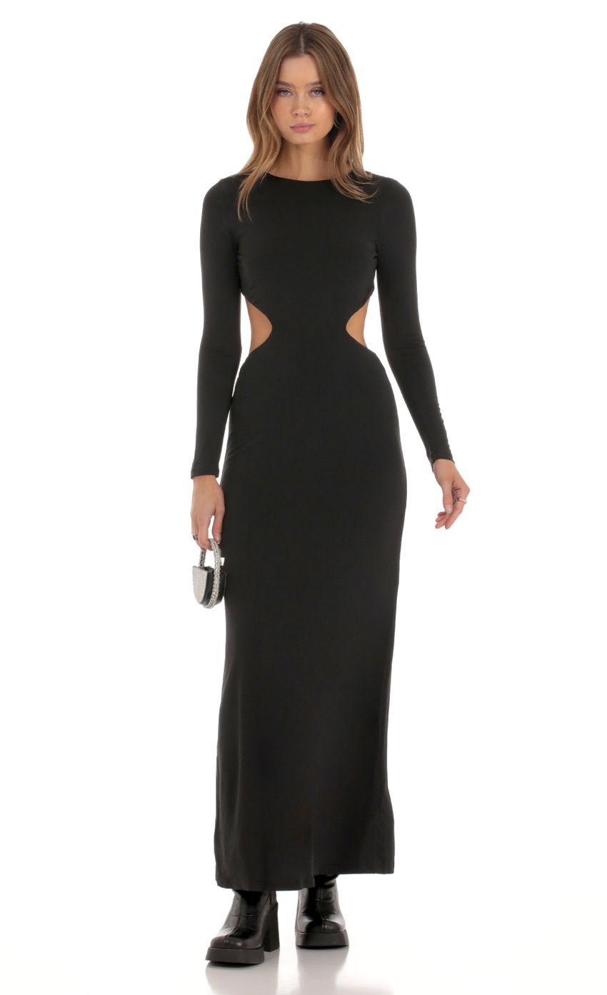 Picture Cutout Open Back Dress in Black. Source: https://media-img.lucyinthesky.com/data/Oct23/850xAUTO/d27d9b19-63b4-4c88-9942-024e0824230b.jpg