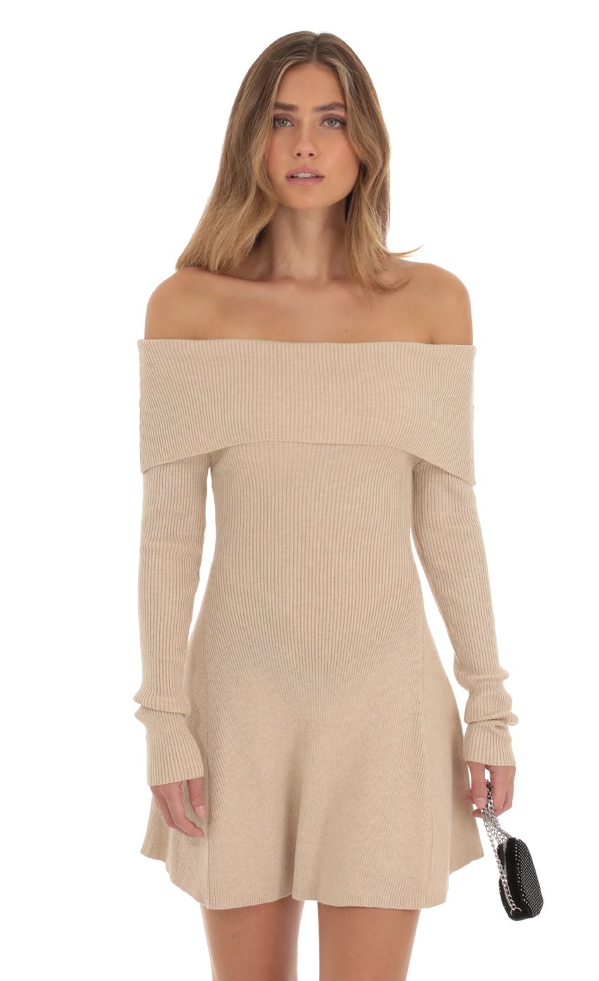 Picture Knit Off Shoulder Dress in Beige. Source: https://media-img.lucyinthesky.com/data/Oct23/850xAUTO/dfd22d36-2125-479a-9f10-d9d6b440787f.jpg