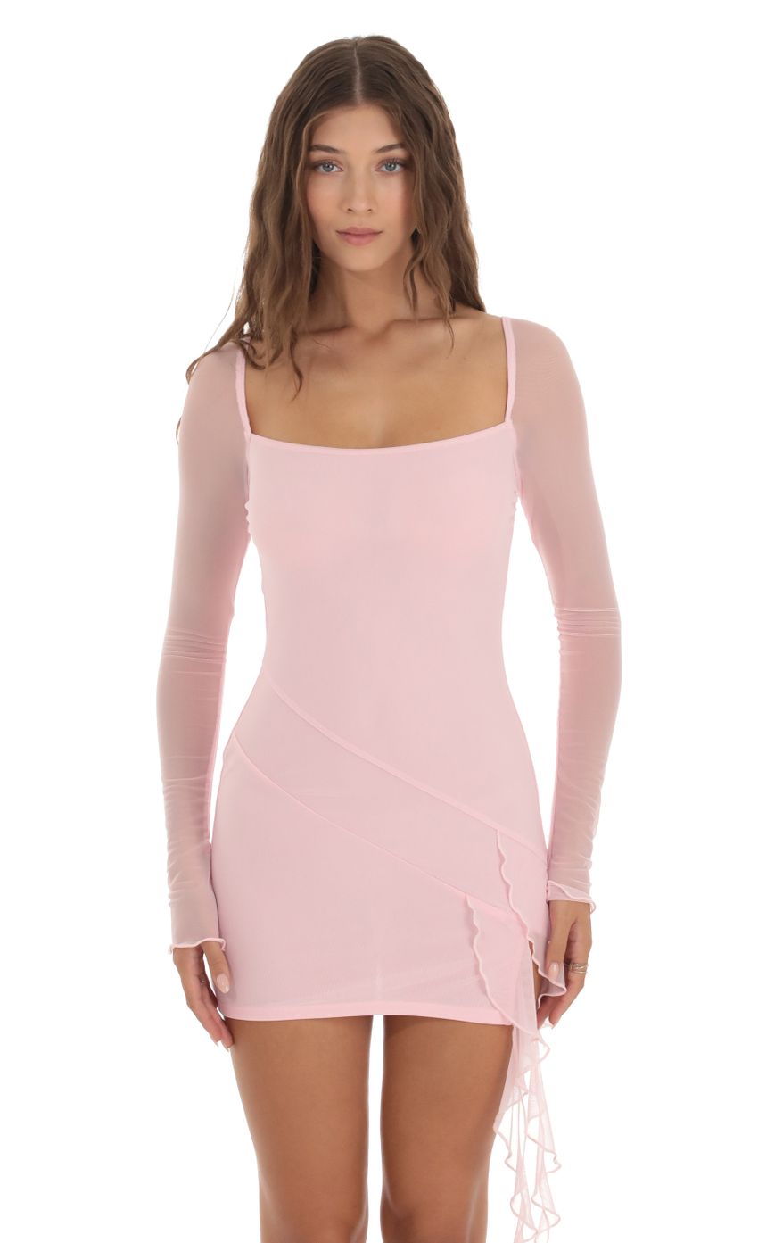 Picture Mesh Long Sleeve Tassel Dress in Pink. Source: https://media-img.lucyinthesky.com/data/Oct23/850xAUTO/f31aa34f-de5b-4b29-bdec-fcd09e2cebe0.jpg