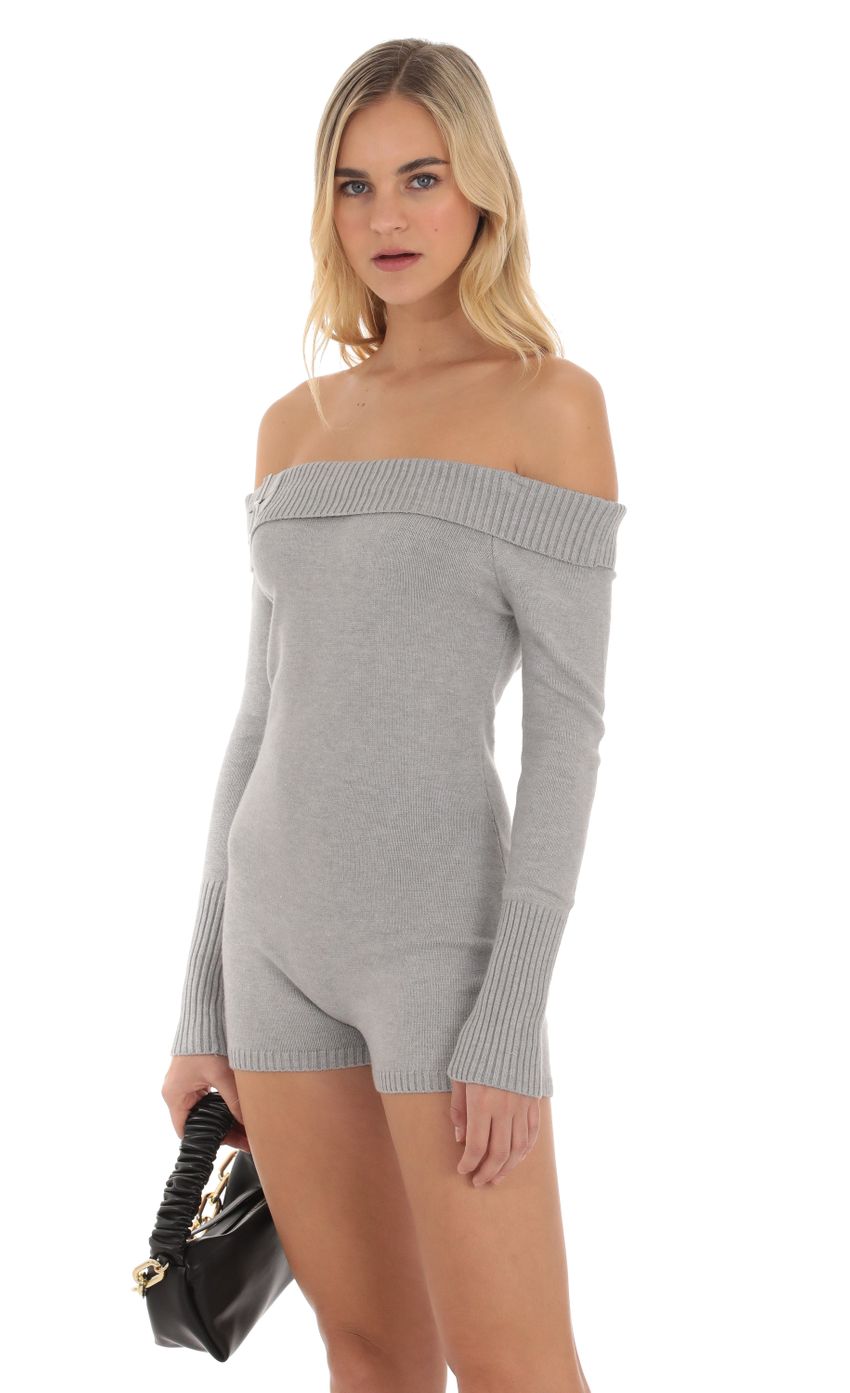 Picture Knit Off Shoulder Romper in Grey. Source: https://media-img.lucyinthesky.com/data/Oct23/850xAUTO/f4bc9fbd-a242-432f-8166-232c7c0dde2d.jpg