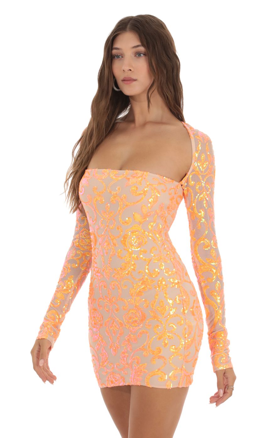 Picture Sequin Mesh Bodycon Dress in Orange. Source: https://media-img.lucyinthesky.com/data/Oct23/850xAUTO/fa5334c0-7d1a-4771-811d-cc368f647d3f.jpg