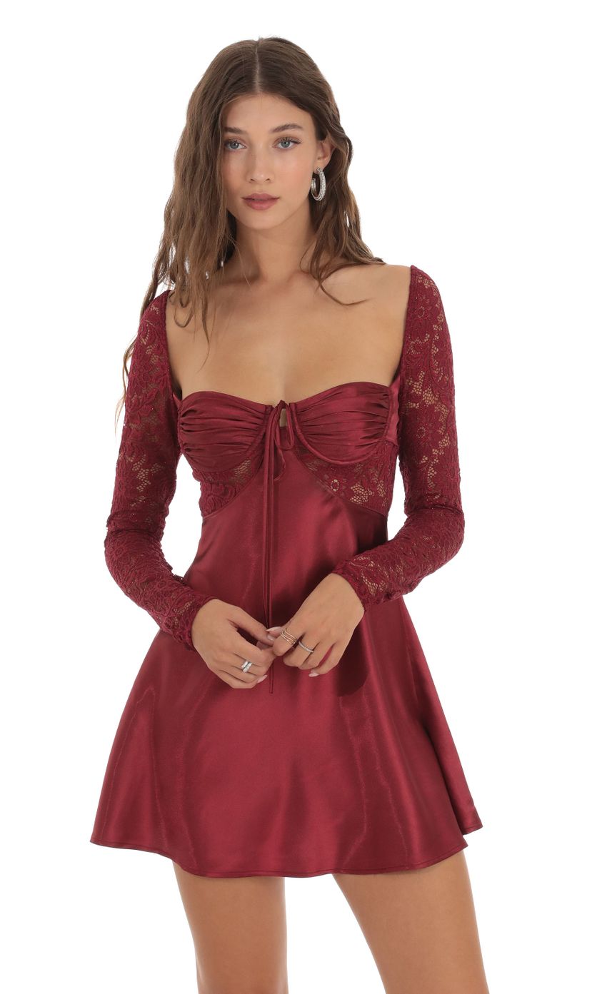 Picture Shimmer Lace Satin Dress in Burgundy. Source: https://media-img.lucyinthesky.com/data/Oct23/850xAUTO/fadf9606-73ae-4b89-8caf-c722282343b3.jpg
