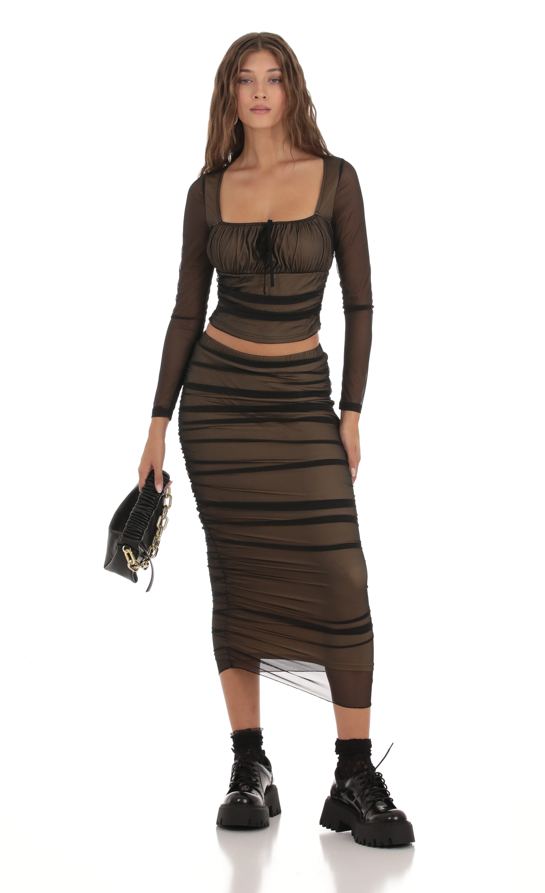 Mesh Ruched Two Piece Set in Black