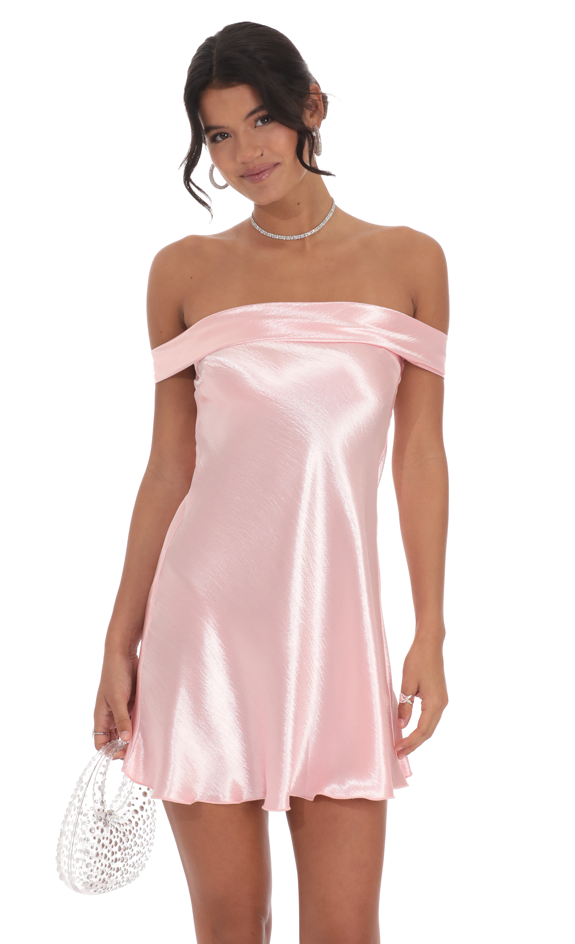 Satin Off Shoulder Dress in Pink