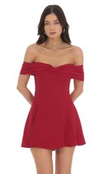 Picture Front Bow Off Shoulder Dress in Red. Source: https://media-img.lucyinthesky.com/data/Oct24/150xAUTO/0f4248a5-826e-4b19-b63c-b84d5e4b8f84.jpg