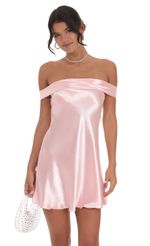 Picture Satin Off Shoulder Dress in Pink. Source: https://media-img.lucyinthesky.com/data/Oct24/150xAUTO/13a7faa8-f271-4996-bdbc-28403e89dcb7.jpg